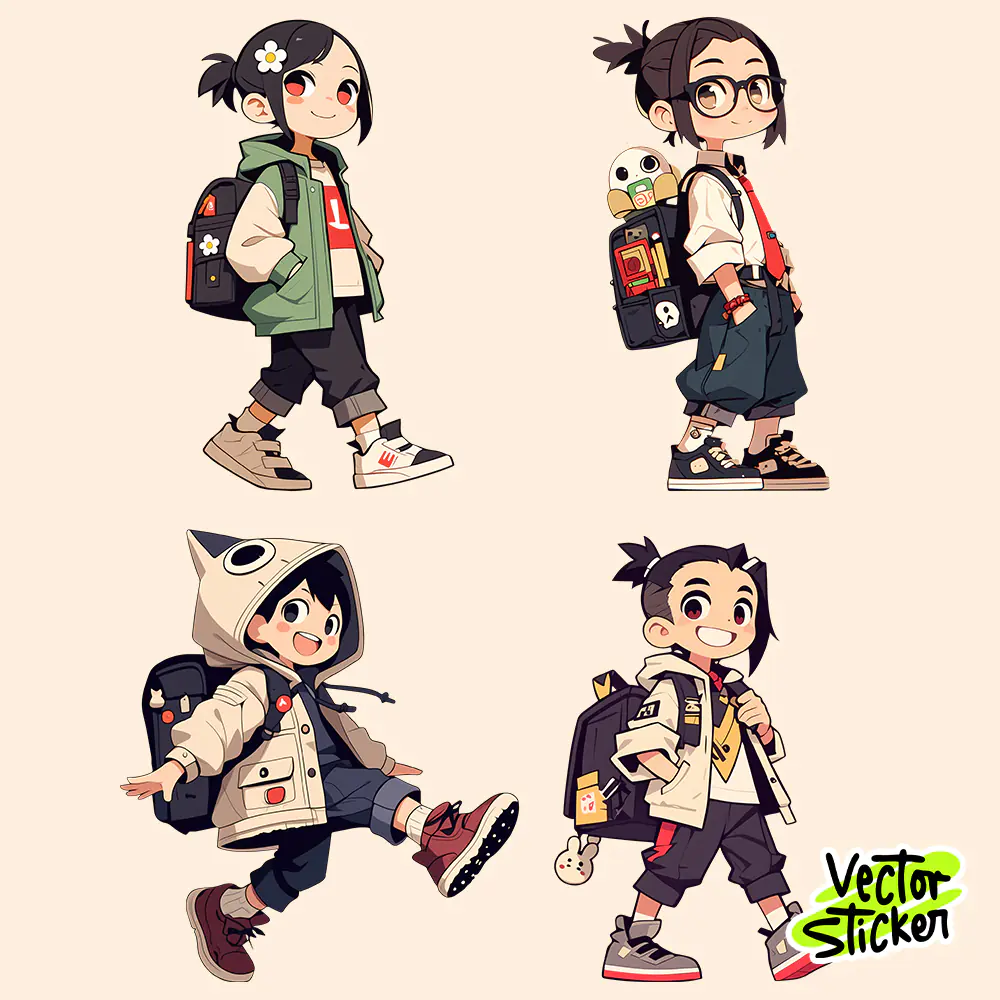 Cute Student Kids Cartoon Characters Free PNG Stickers Colorful Style