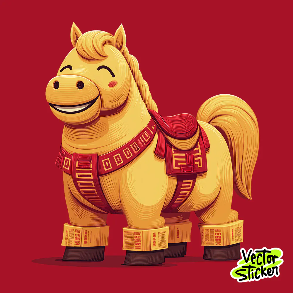 Chinese New Year Smiling Golden Horse Cartoon Illustration in Yellow and Red