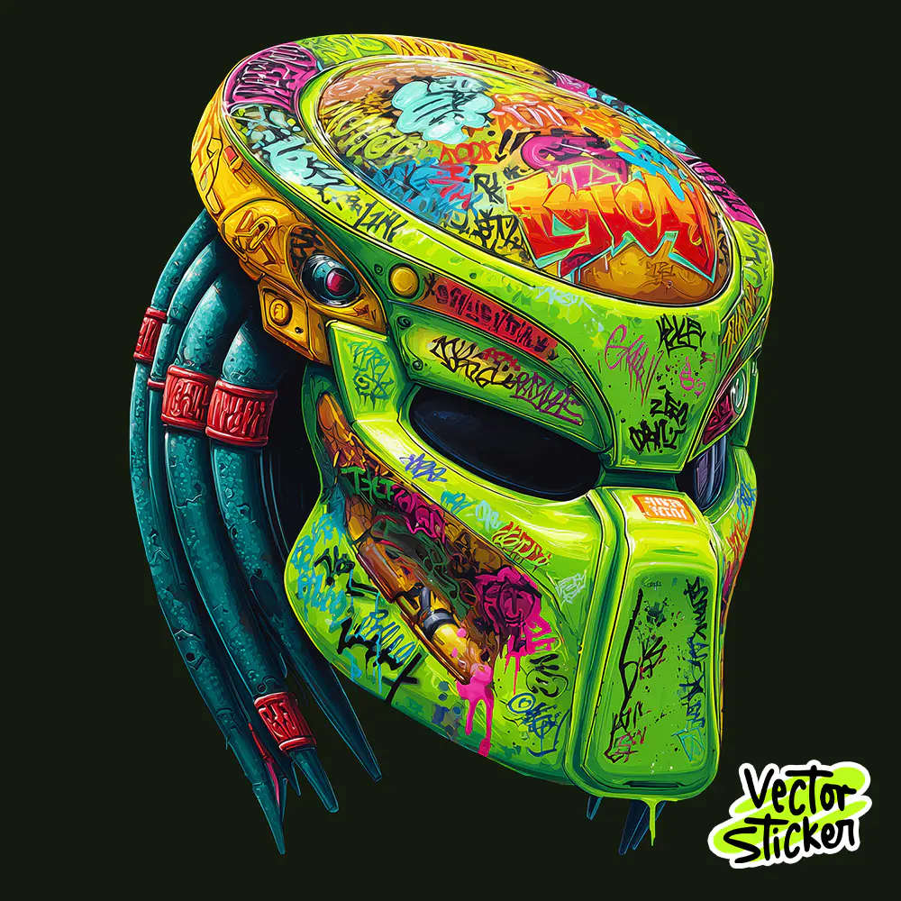 Predator Head, Neon Green Graffiti Sci-Fi Mask Cyberpunk Style PNG