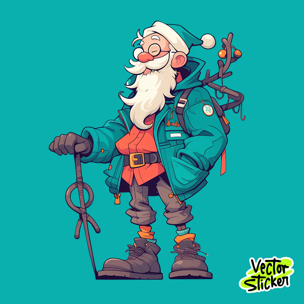 Adventure Santa Hiker – Christmas Sticker Illustration Vector Art