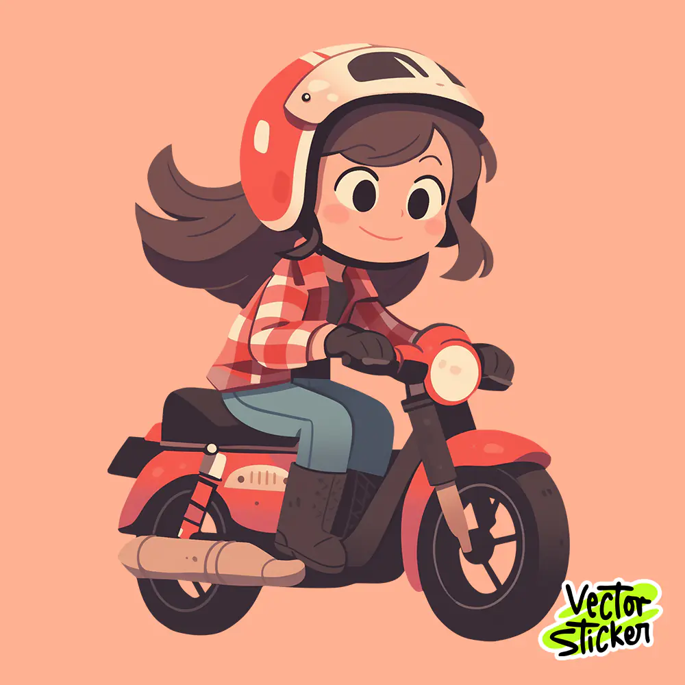 Cute Motorcycle Girl Cartoon Vector Sticker PNG