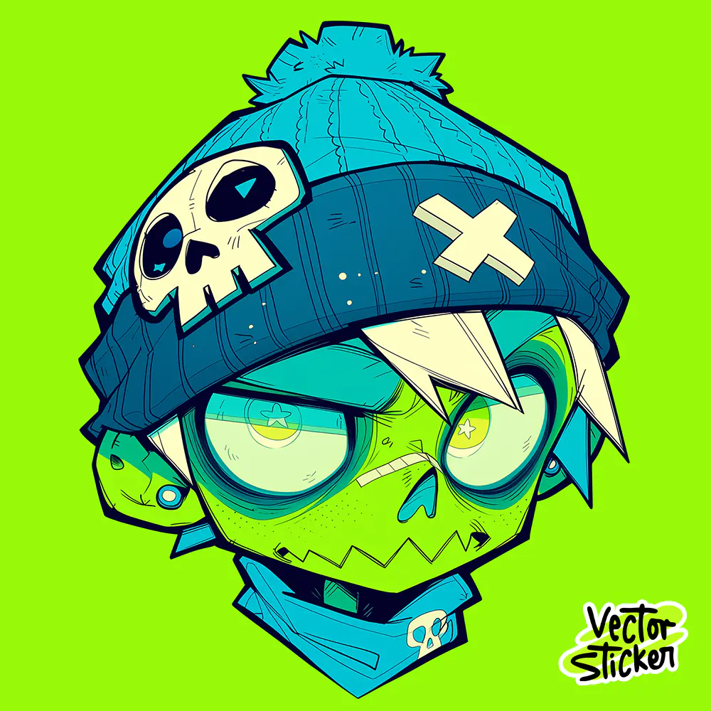 Neon Green Skull Sticker Cartoon Street Character Art