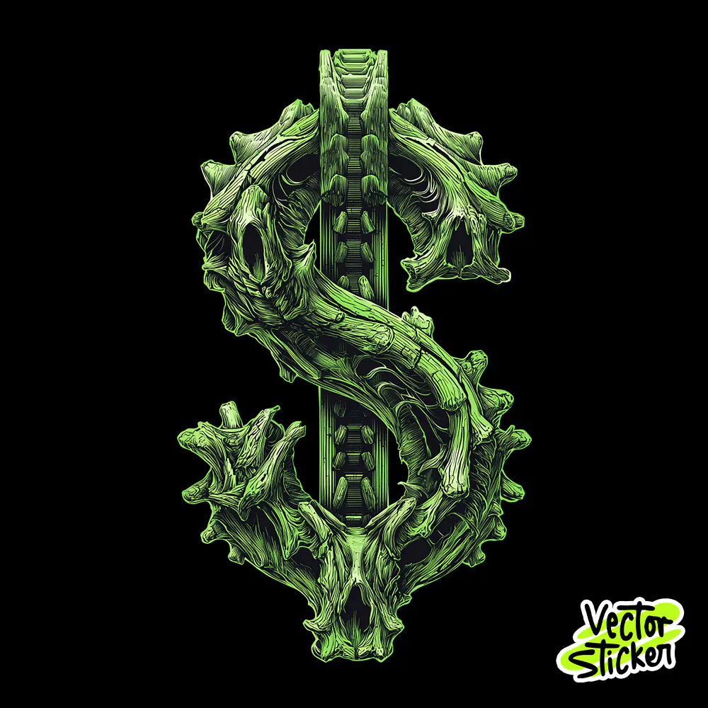 Neon Green Bone Dollar Sign Gothic Skeleton Money Symbol T-Shirt Design PNG