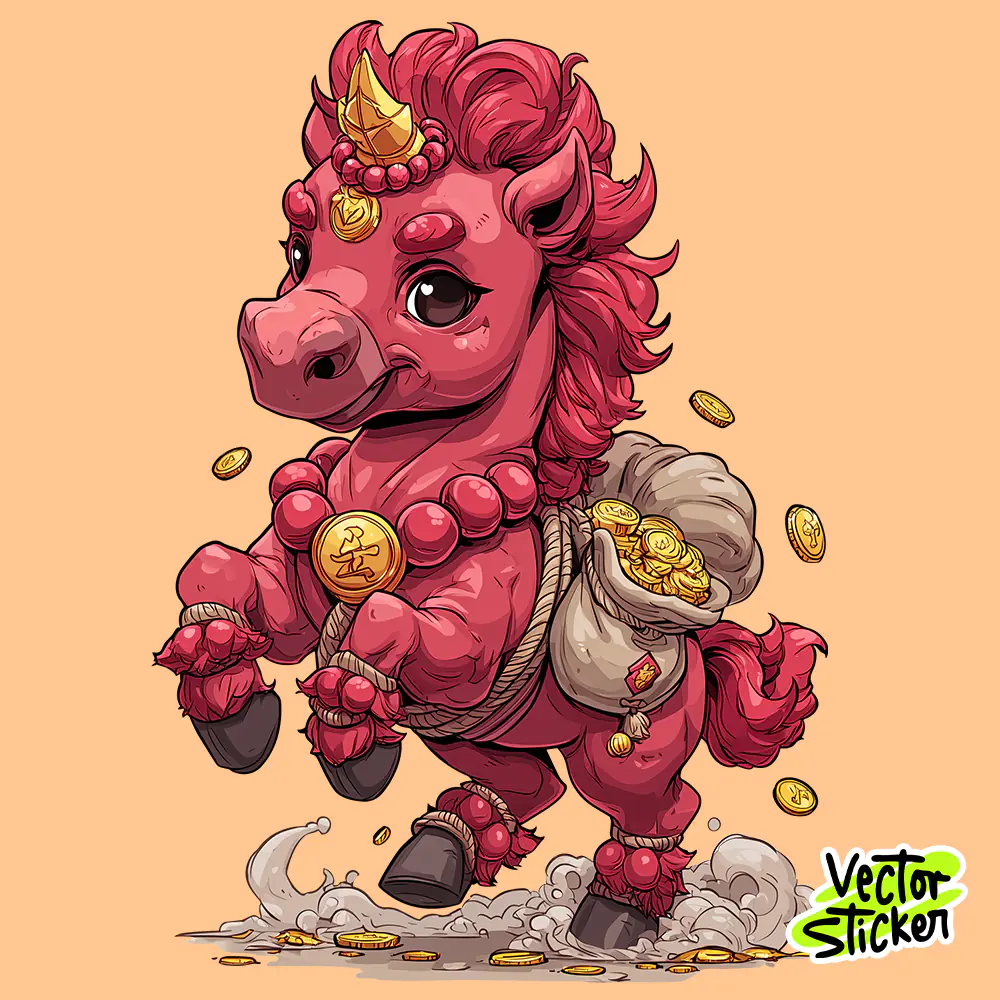 Cute Happy Red Horse Carrying Gold Bag in Chinese New Year Cartoon Style