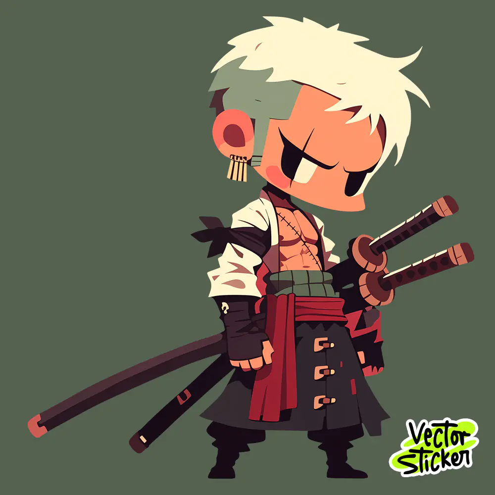 Roronoa Zoro, Chibi Anime Three Sword Swordsman Sticker Side View Warrior Style