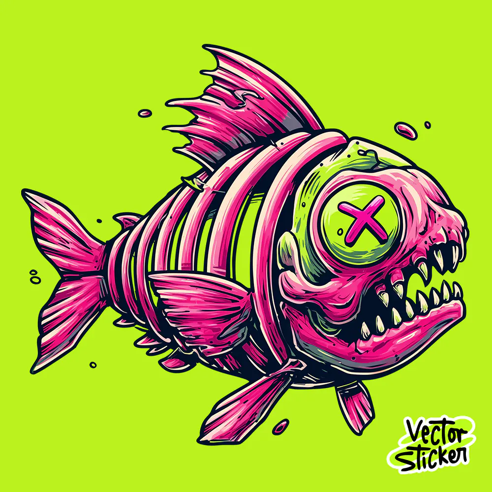 Neon Piranha Fish Sticker Cartoon Toxic Style Design