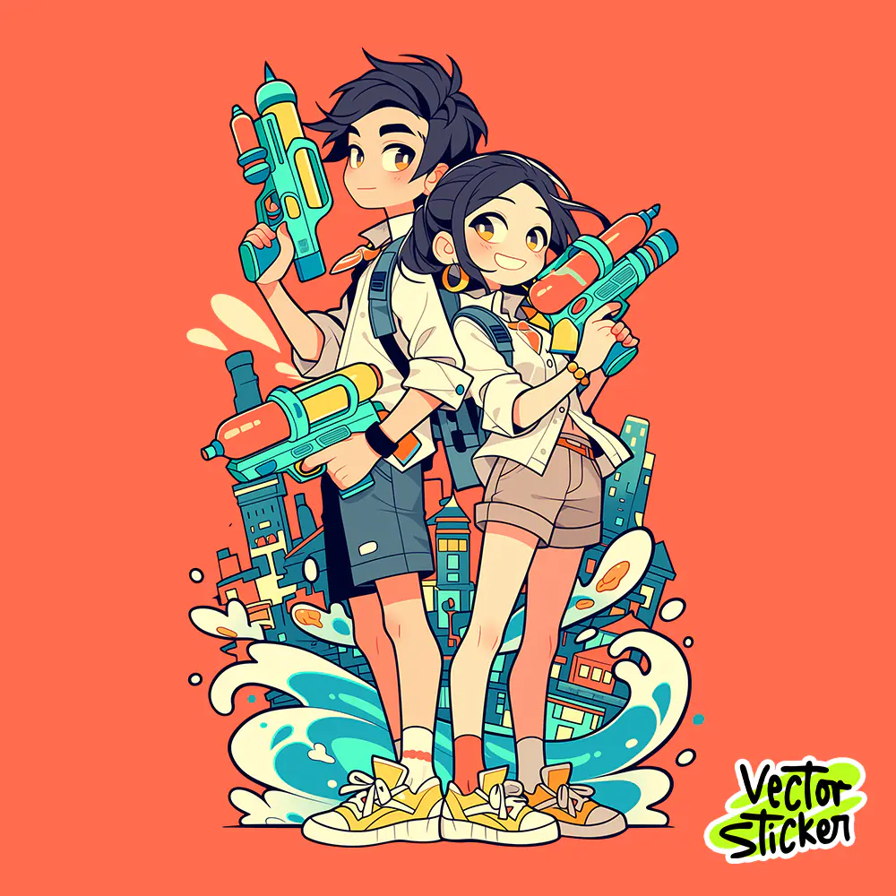 Thingyan Street Water Fight Couple PNG Myanmar Festival Splash T-Shirt Design