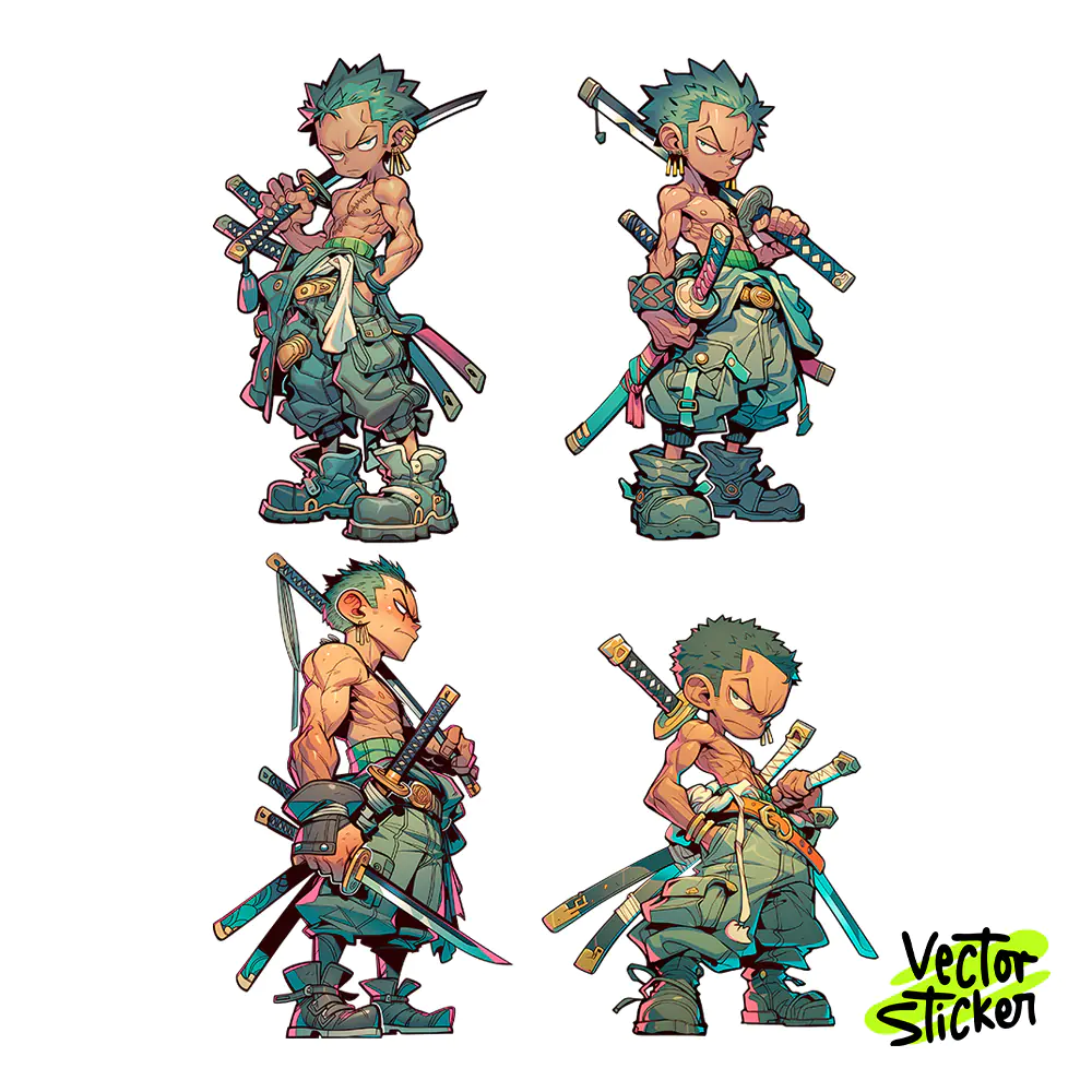Three Sword Warrior Boy Anime Pose Sticker Pack PNG