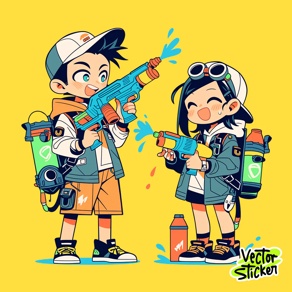 Thingyan Adventure Water Gun Duo PNG Myanmar Festival Cute Character Design
