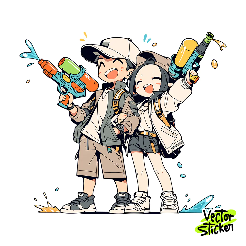 Thingyan Water Festival Cute Couple Water Gun Cartoon PNG