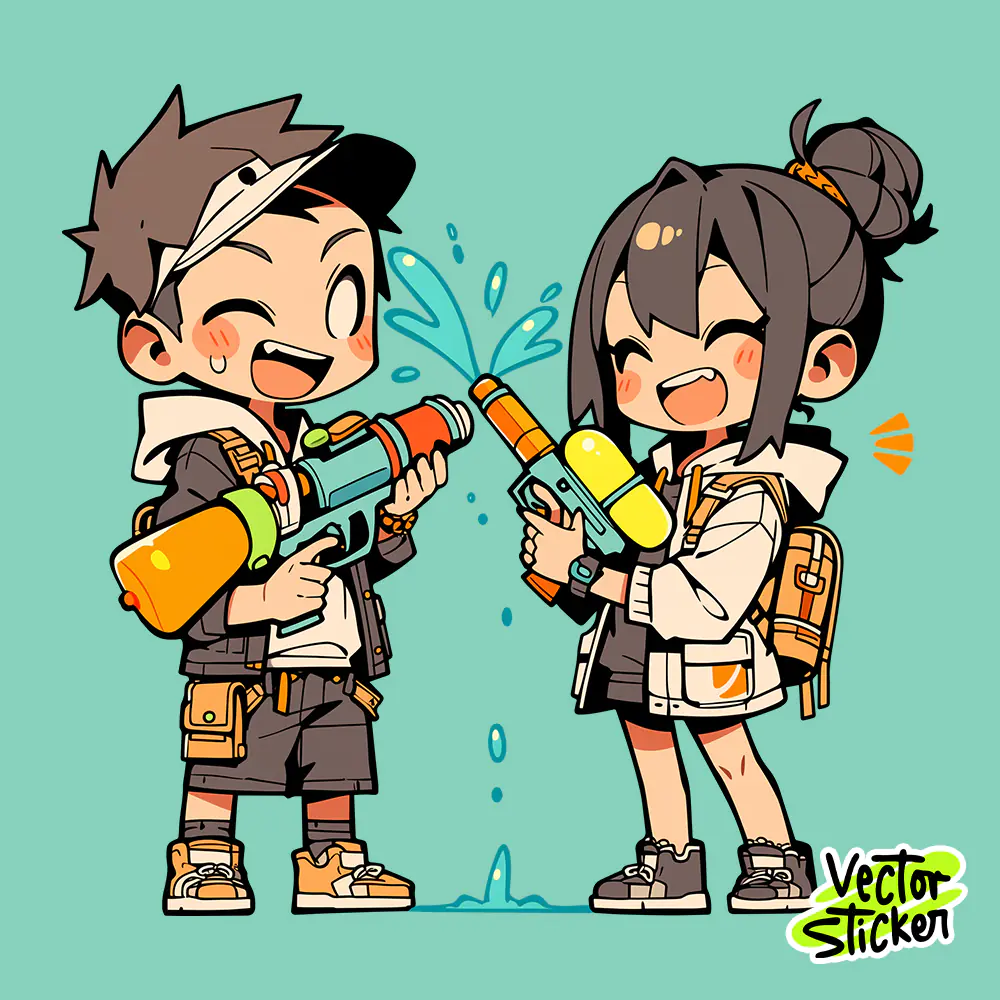 Thingyan Water Festival Cute Couple Water Splash Fun Illustration PNG
