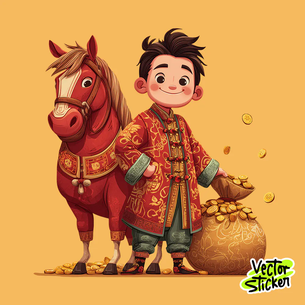 Chinese New Year Boy with Lucky Horse Illustration in Red and Gold Style