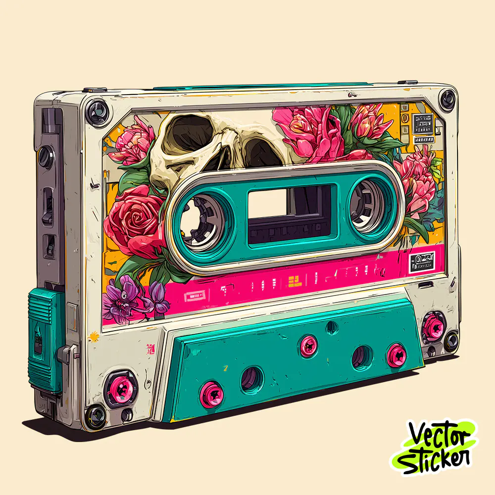 Retro Cassette Tape Skull Floral T-Shirt Design Free PNG | VectorSticker
