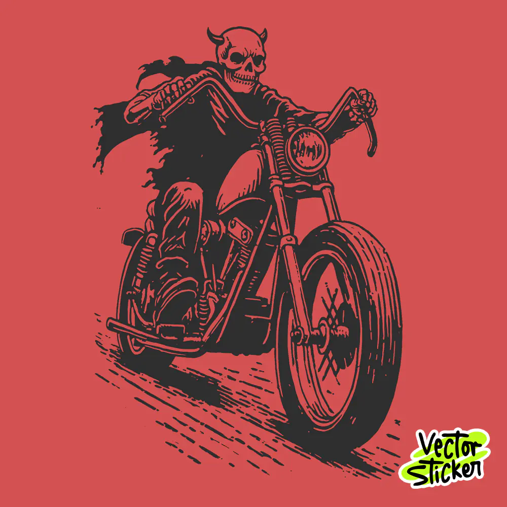 Skeleton Biker Devil T-Shirt Illustration in Red and Black Tattoo Style