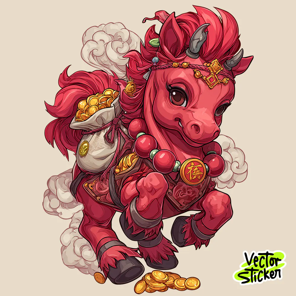 Cartoon style Cute Happy Red Horse Carrying Gold Bag in Chinese New Year Cartoon Illustration