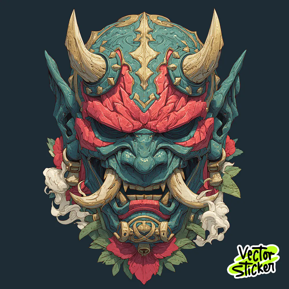Oni Demon Mask T-Shirt Illustration with Japanese Red and Blue Style