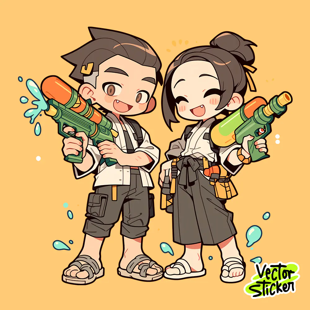 Songkran Water Festival T-Shirt Design Couple Water Gun PNG