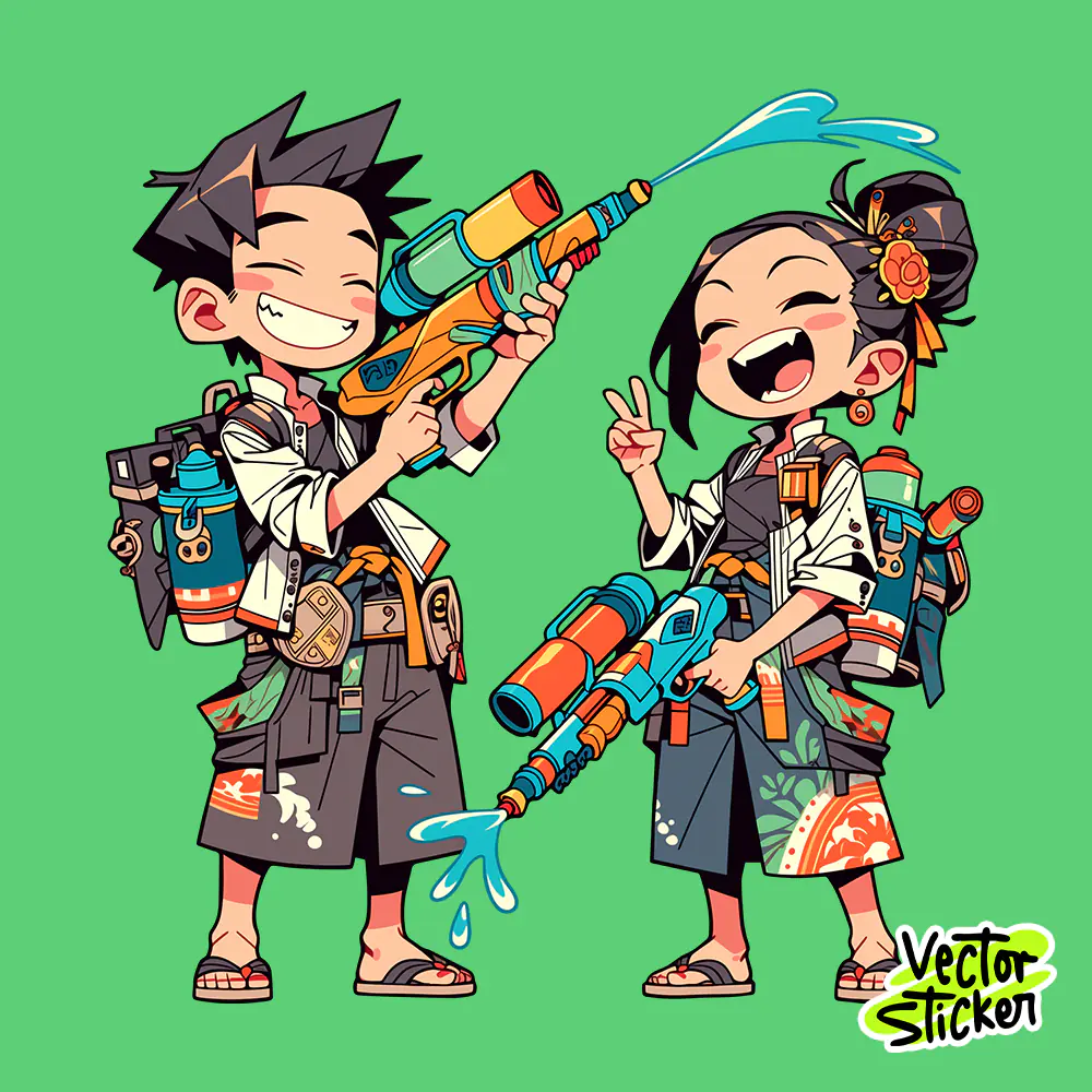 Thai Songkran Water Festival Traditional Couple Water Gun Illustration PNG