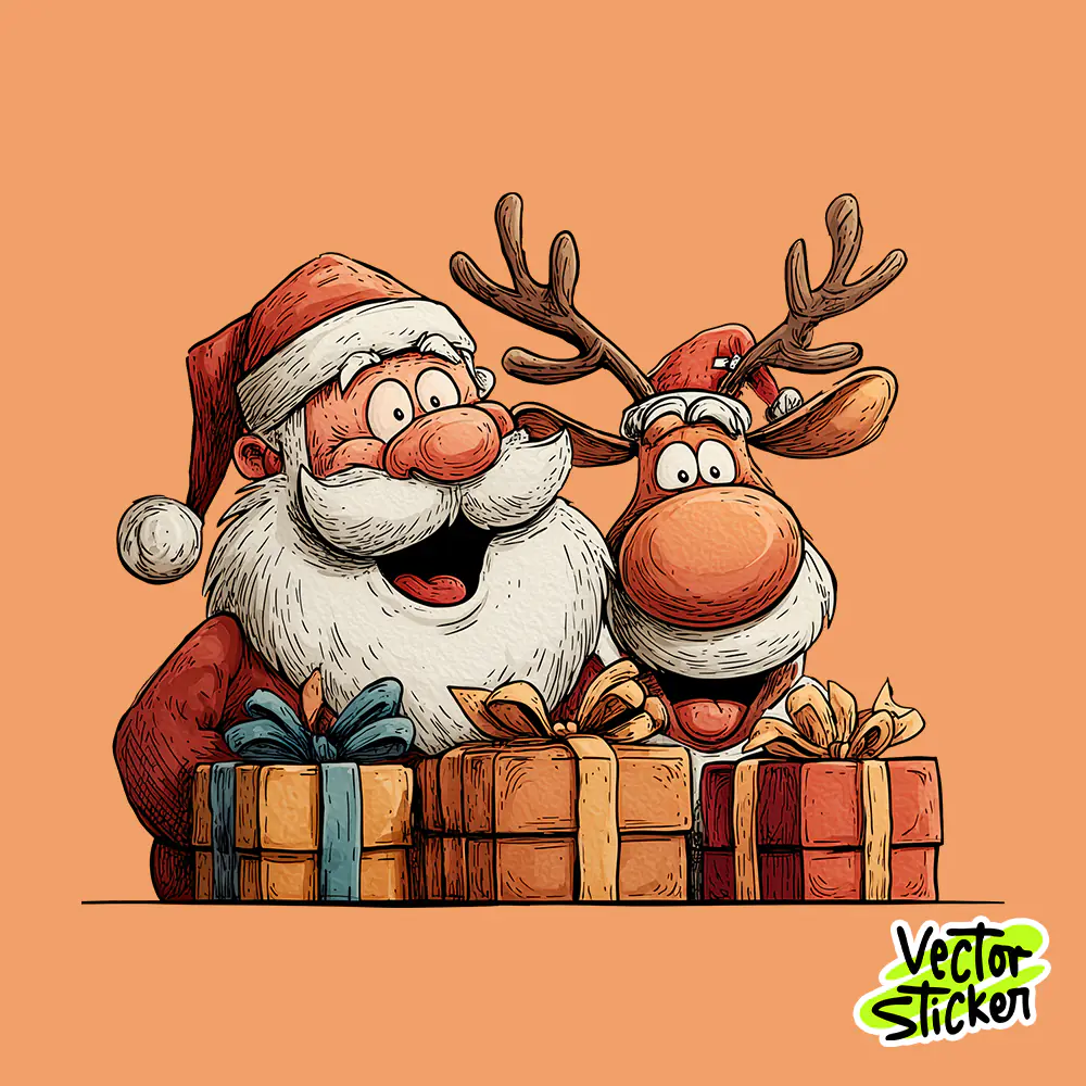 Cute Santa and Reindeer – Christmas Sticker Illustration & T-Shirt Design
