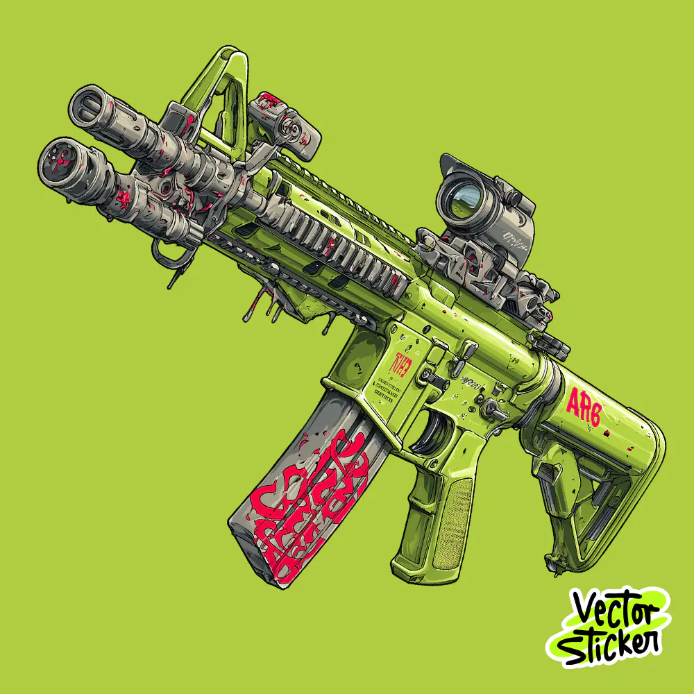 Tactical Green Rifle Sticker Modern Cartoon Weapon Illustration PNG