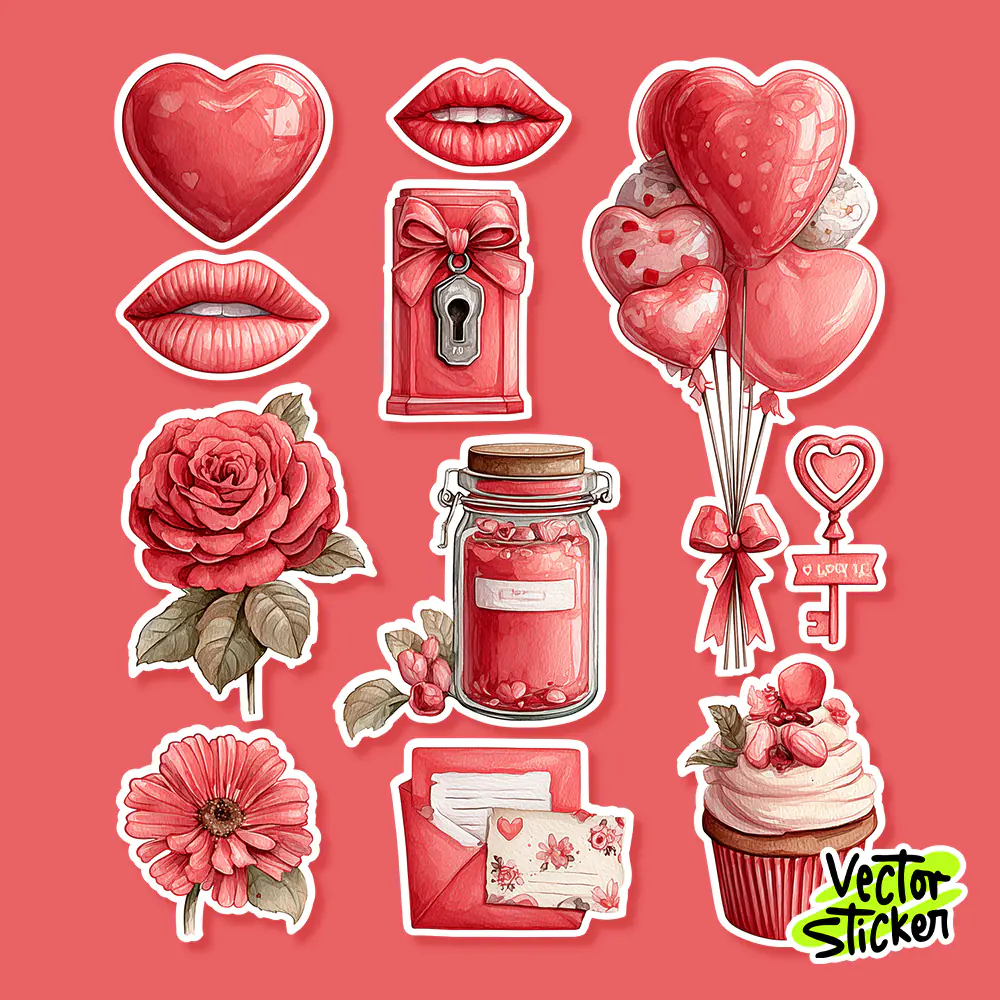 Watercolor Valentine’s Day Love Elements Sticker Set in Red and Pink