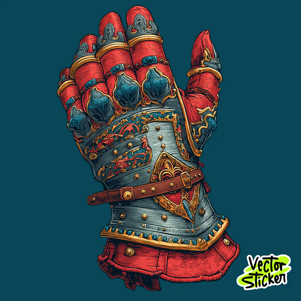 Medieval Gauntlet Sticker Vintage Engraved Red Teal Armor Design