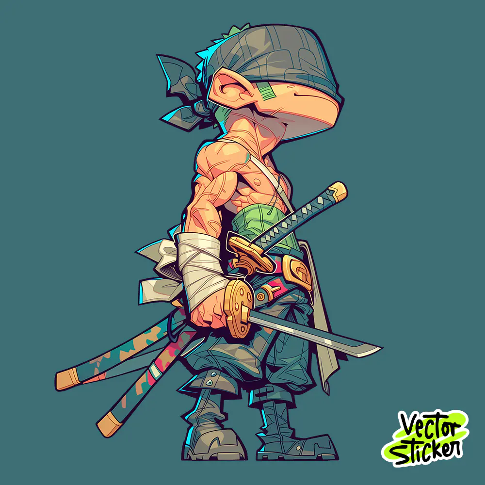 Three Sword Warrior Boy Anime Style Sticker PNG