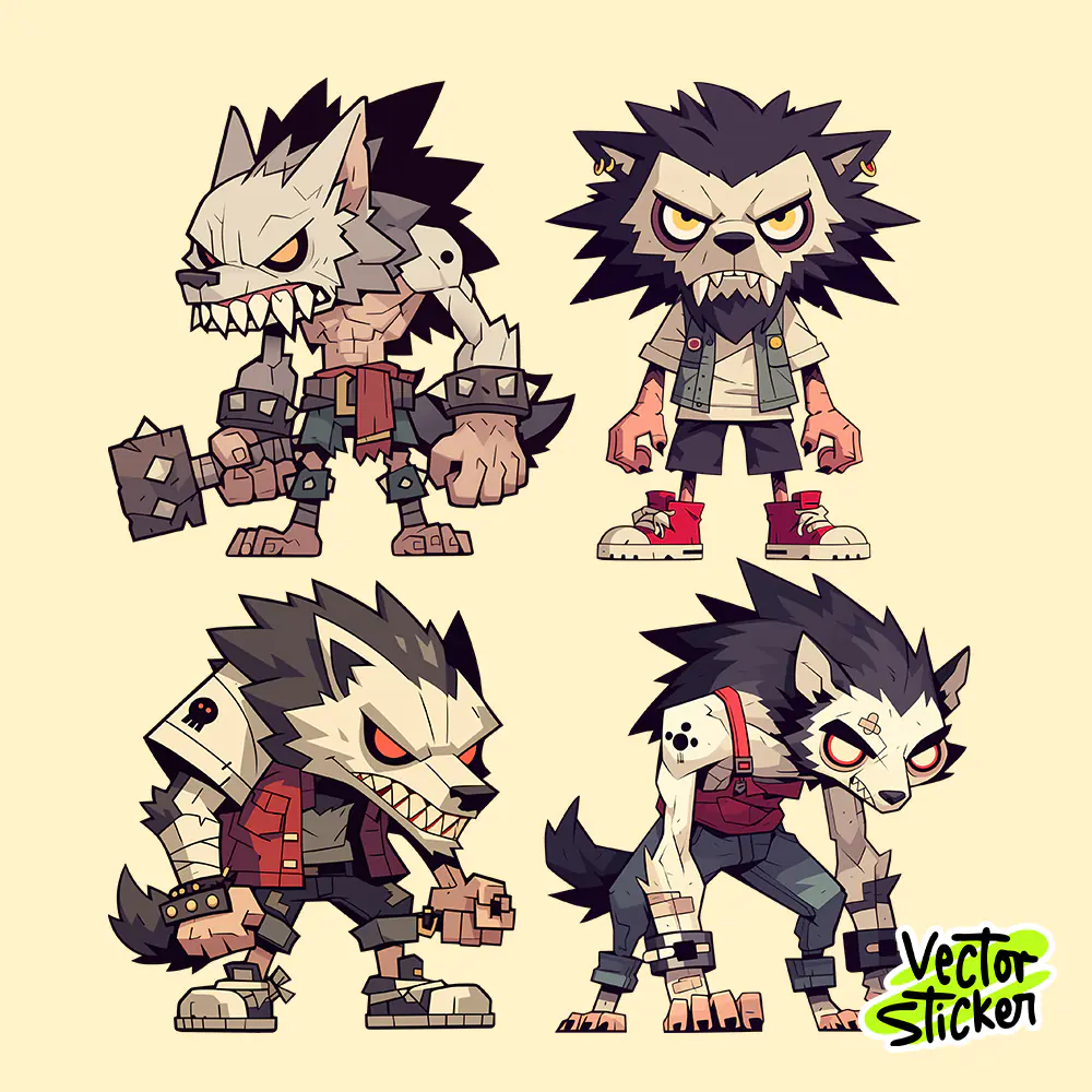 Free Sticker Designs – Punk Wolf Cartoon Character Set