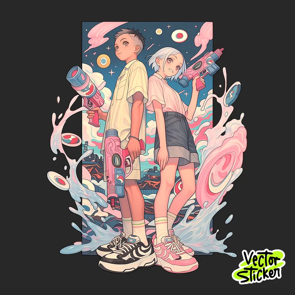 Songkran Aesthetic Water Fight Couple PNG Thailand Festival Poster Style Design