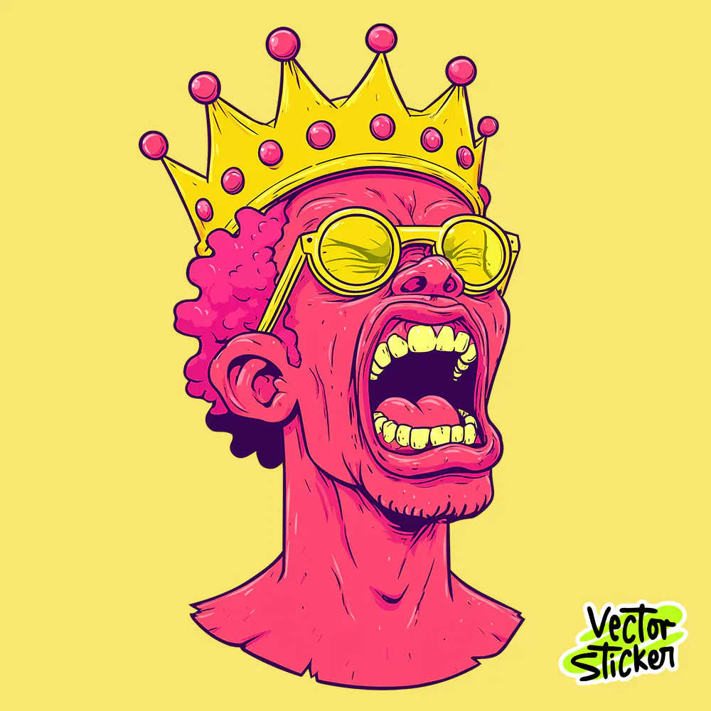 King Character Illustration with Crown and Sunglasses – Bold Vector Sticker Art