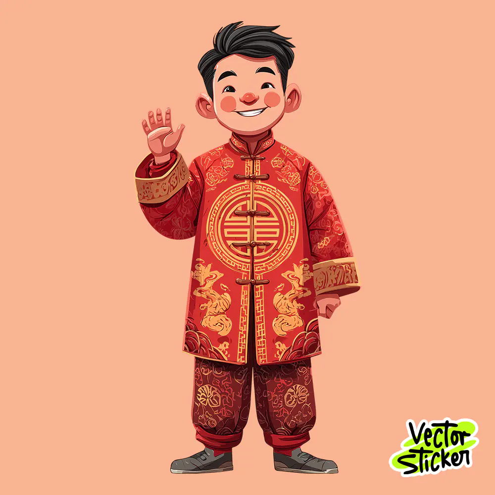 Chinese New Year Boy Mascot Illustration in Red and Gold Style