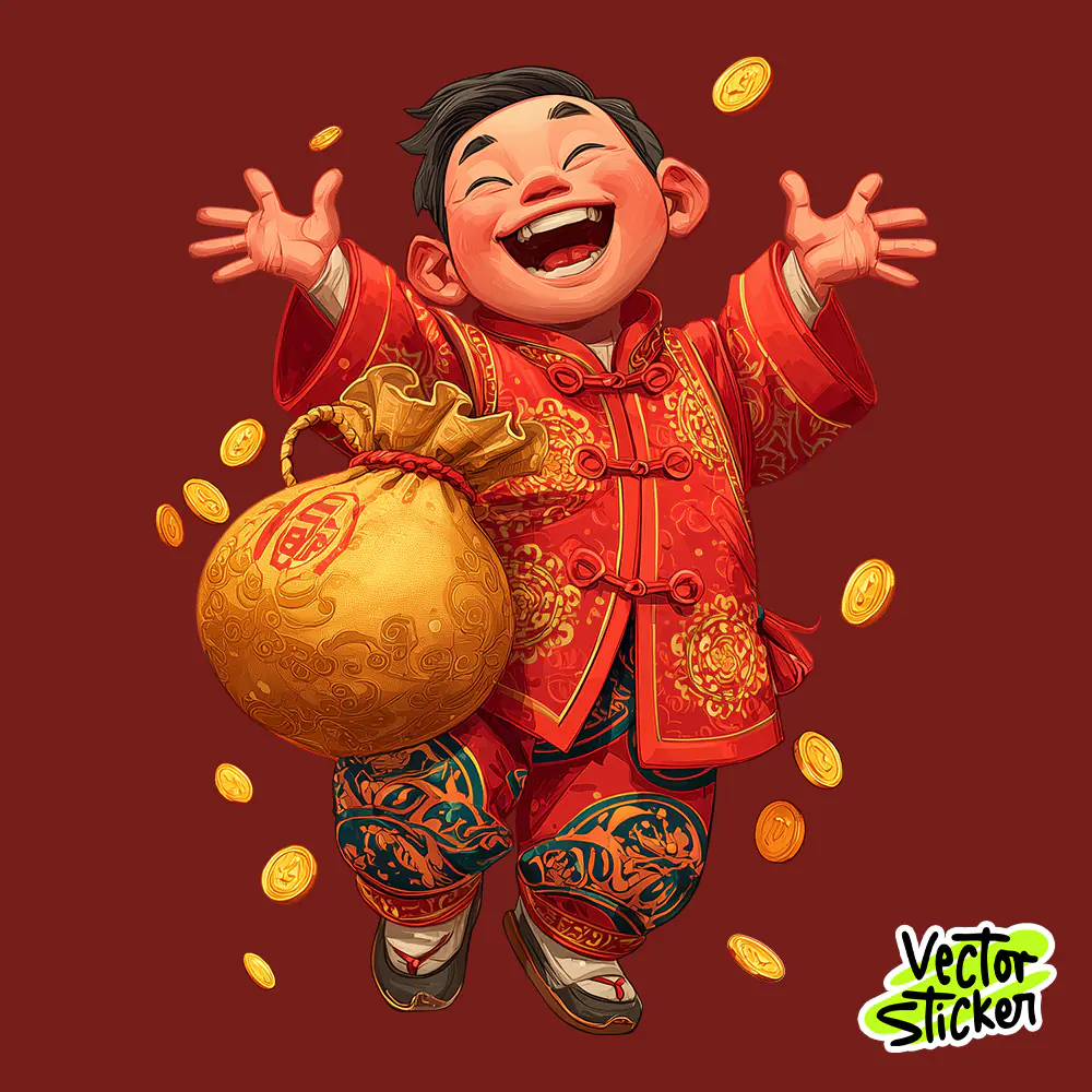 Cute Chinese Boy Wealth Sticker Cartoon Illustration for Chinese New Year