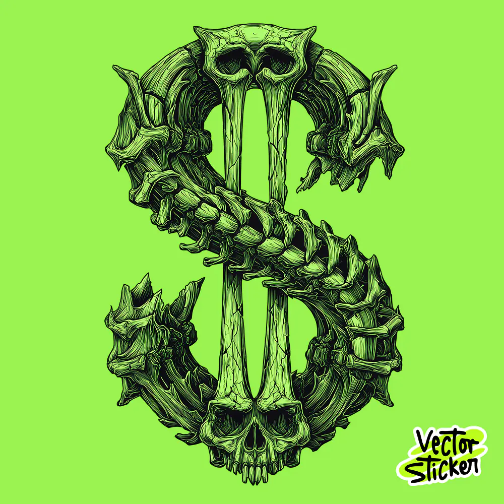 Bone Dollar Sign Dark Gothic Skull Illustration T-Shirt Design PNG