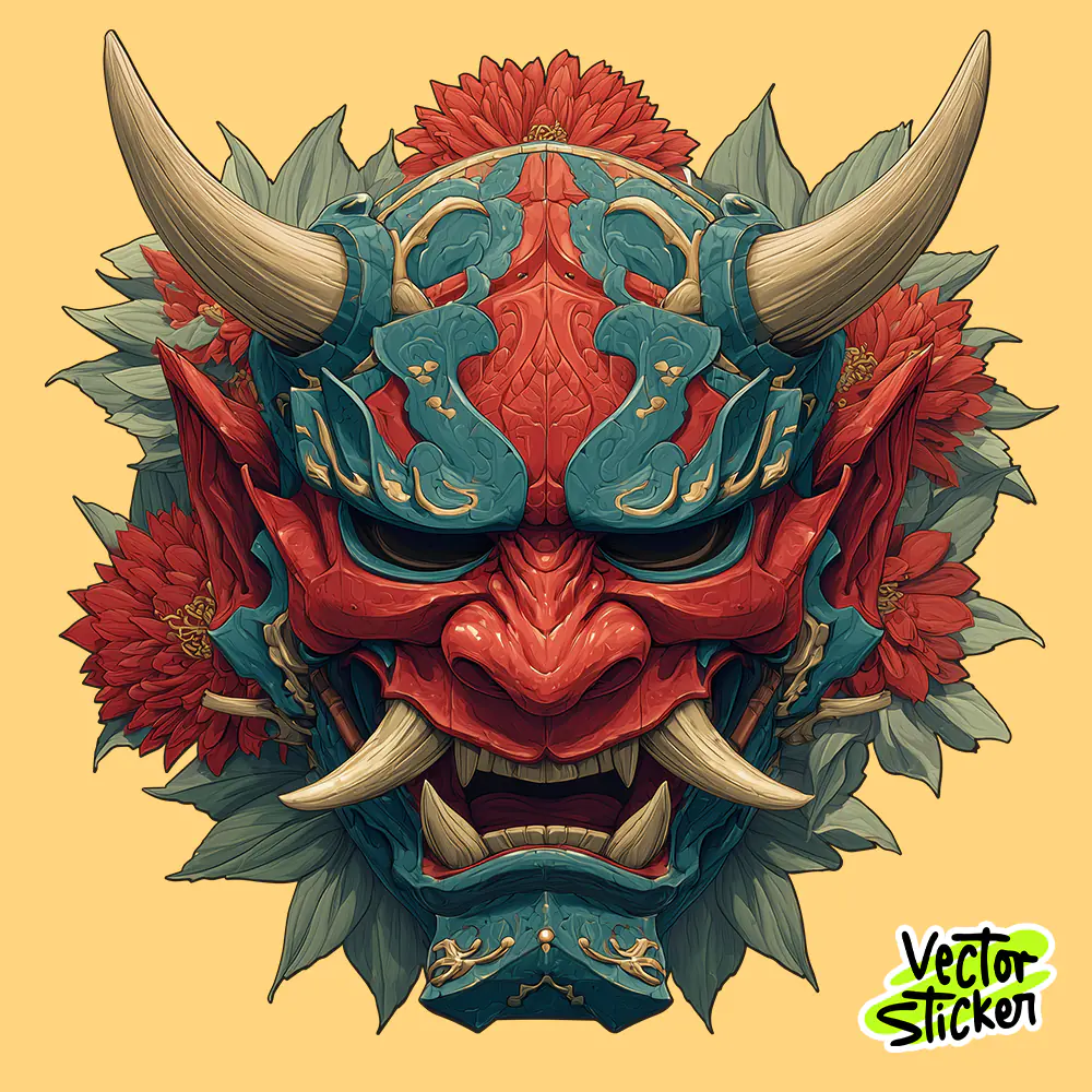 Floral Oni Mask – Japanese Demon Mask T-Shirt Graphic PNG