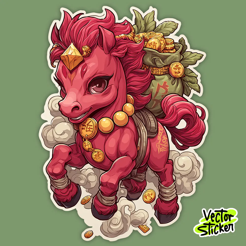 Chinese New Year Lucky Horse Cartoon Illustration in Red and Green