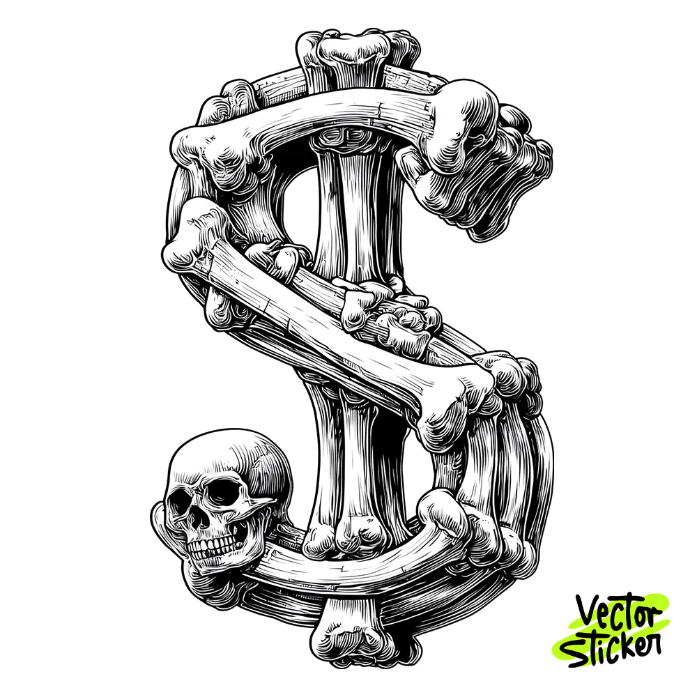 Bone Dollar Symbol Gothic Skull Illustration T-Shirt Design PNG