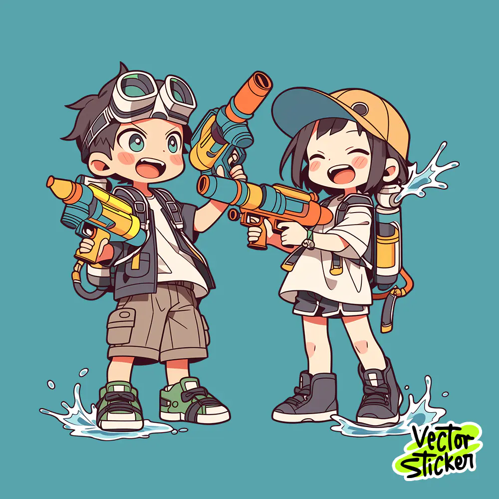 Songkran Backpack Water Fight Characters PNG Cute Thailand Festival Sticker Design