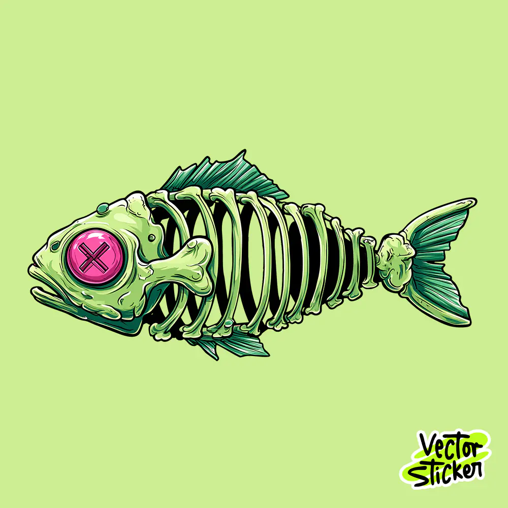 Neon Fish Skeleton Cartoon Edgy Sticker Design PNG