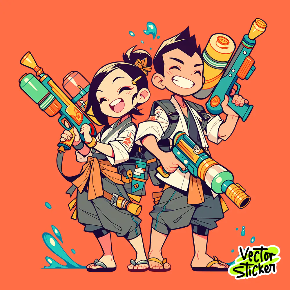 Traditional Style Songkran Water Festival Thai Couple Water Gun Illustration Sticker