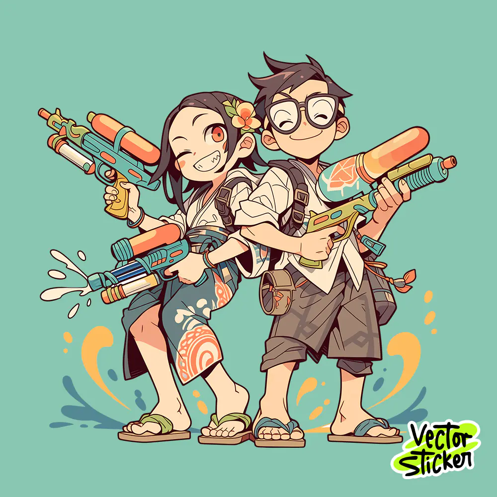 Cute Songkran Water Festival Couple Water Gun Illustration PNG