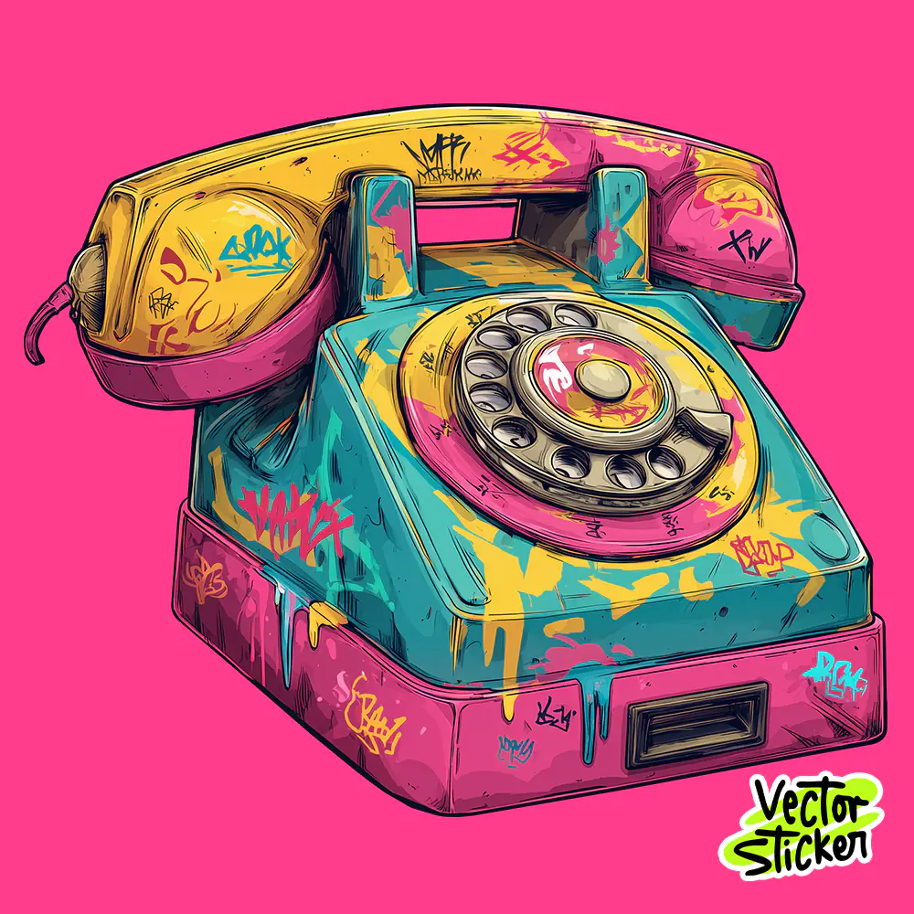 Retro Graffiti Rotary Telephone – Colorful Vintage Street Art T-Shirt Design PNG