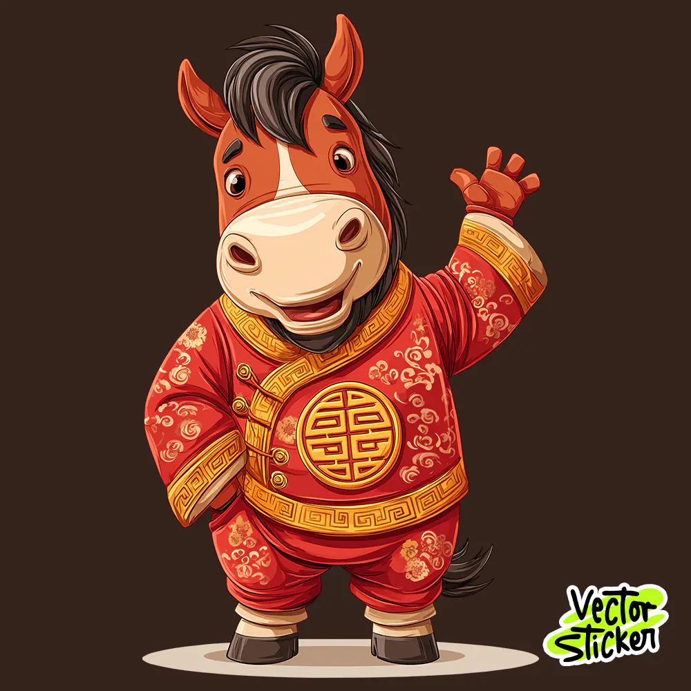 Chinese New Year Cartoon Horse Character Mascot in Red and Gold