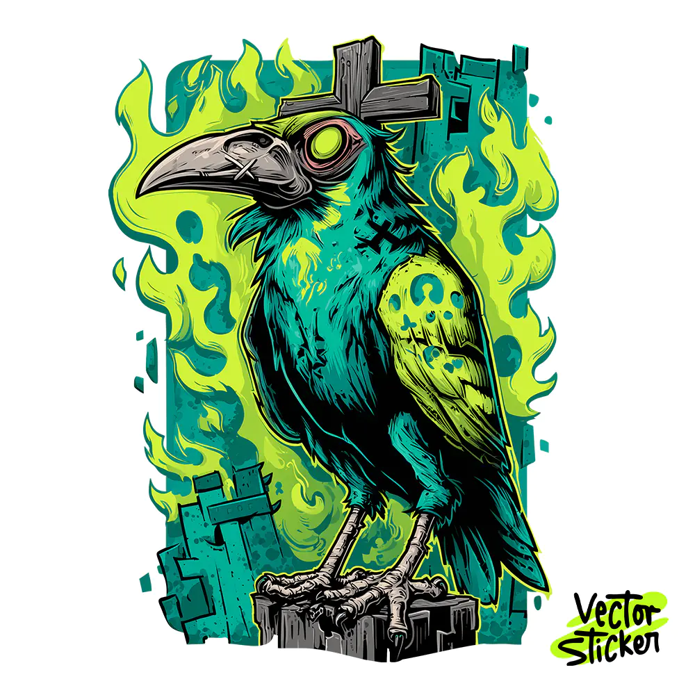 Neon Color Crow with Cross Illustration for T shirt Graphic| Dark Bird Illustration