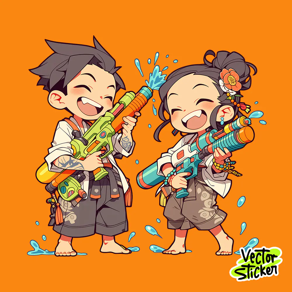 Songkran Water Festival Happy Couple Splash Water Gun Cartoon PNG