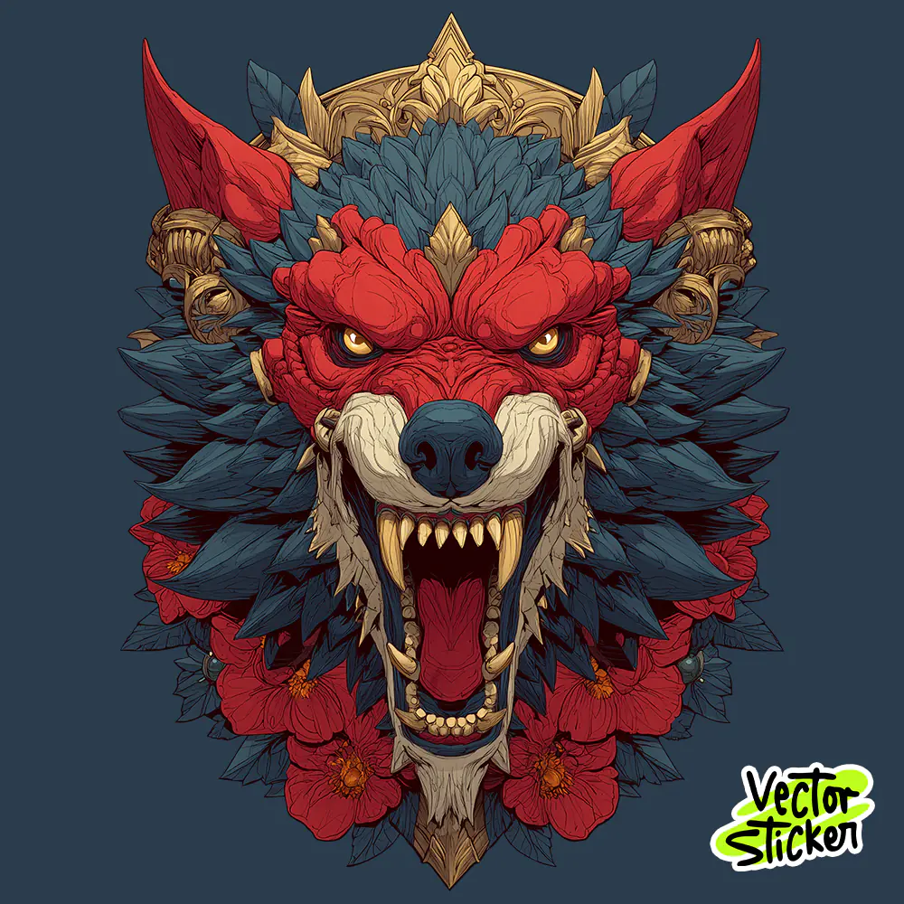 Fierce Wolf Head T Shirt Tattoo Style Red Blue Artwork