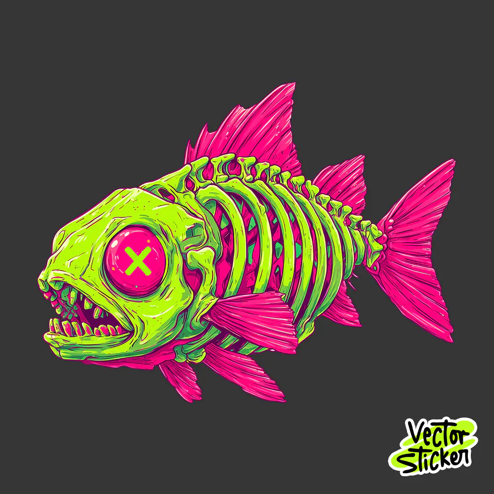 Neon Fish Bone Skeleton Edgy T-Shirt Design PNG