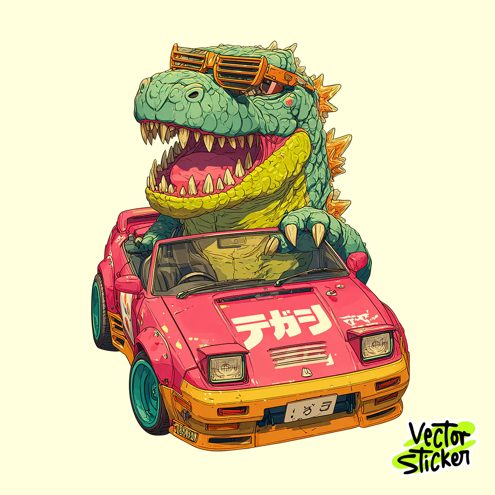 Cartoon Dinosaur Driving Car T-Shirt Design with Japanese Street Style