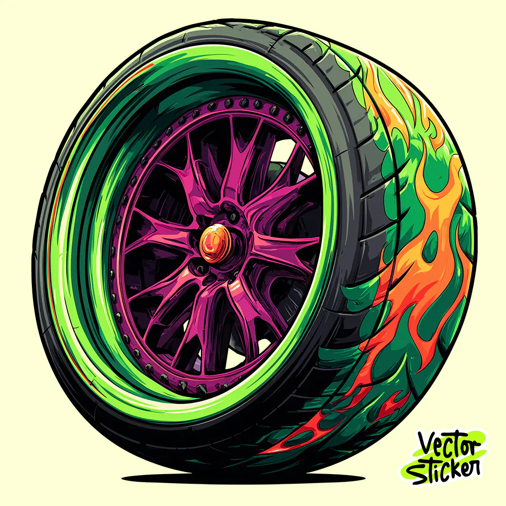Neon Racing Car Tire Illustration Automotive Sticker PNG