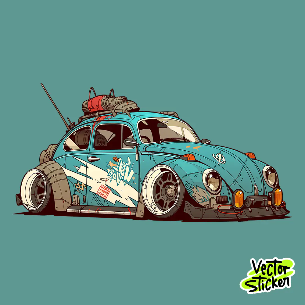 Teal Blue Cyberpunk Beetle Car Sticker Free PNG Download