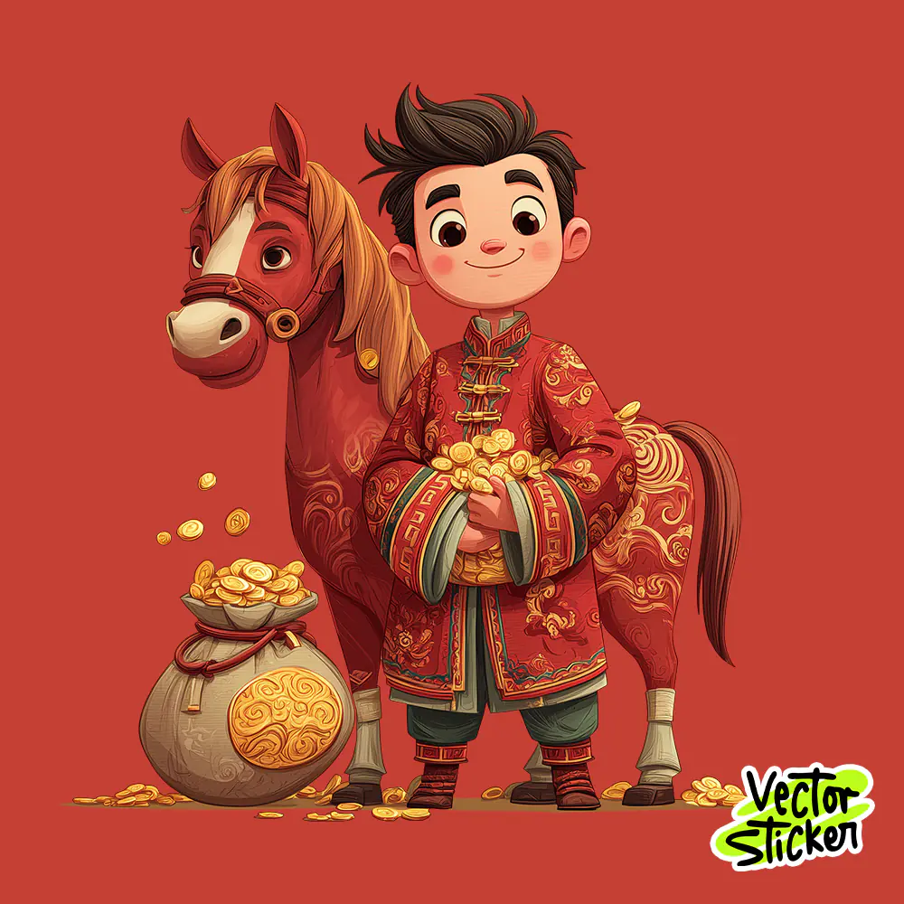 A Cute Chinese New Year Kid of Wealth with Horse Illustration in Red and Gold